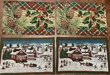 Holiday Christmas Placemats Set of 4 Snowy Winter Scene  Pine Cones Holly Cloth