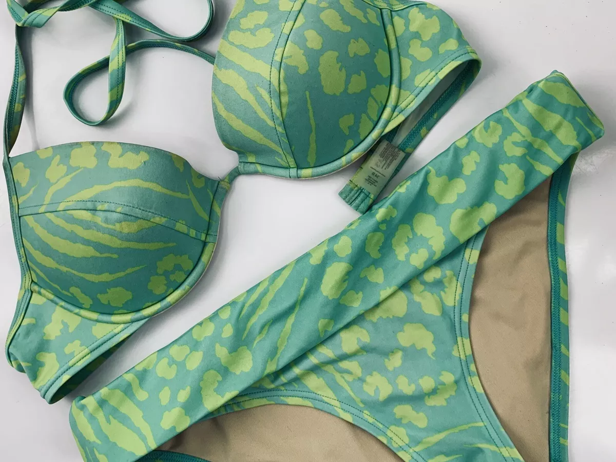 VICTORIA S SECRET Bikini Push Up Green Leopard Foldover Bottom 34B Small 2 Piece