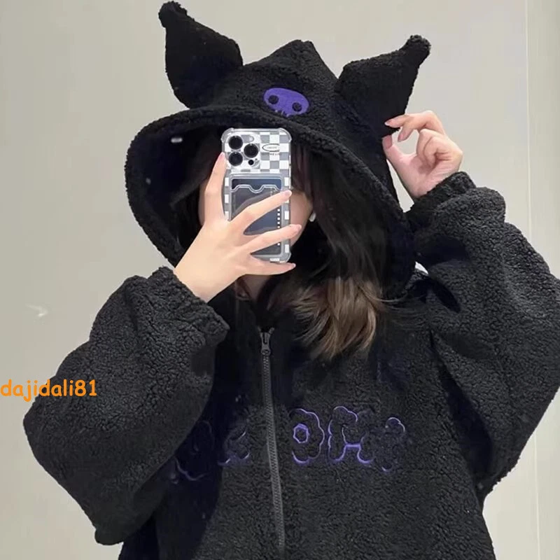 Kuromi Devil Black Fleece Hooded Zipper Jacket Girl Sweatshirt Causual Coat Tops - Image 2 of 4