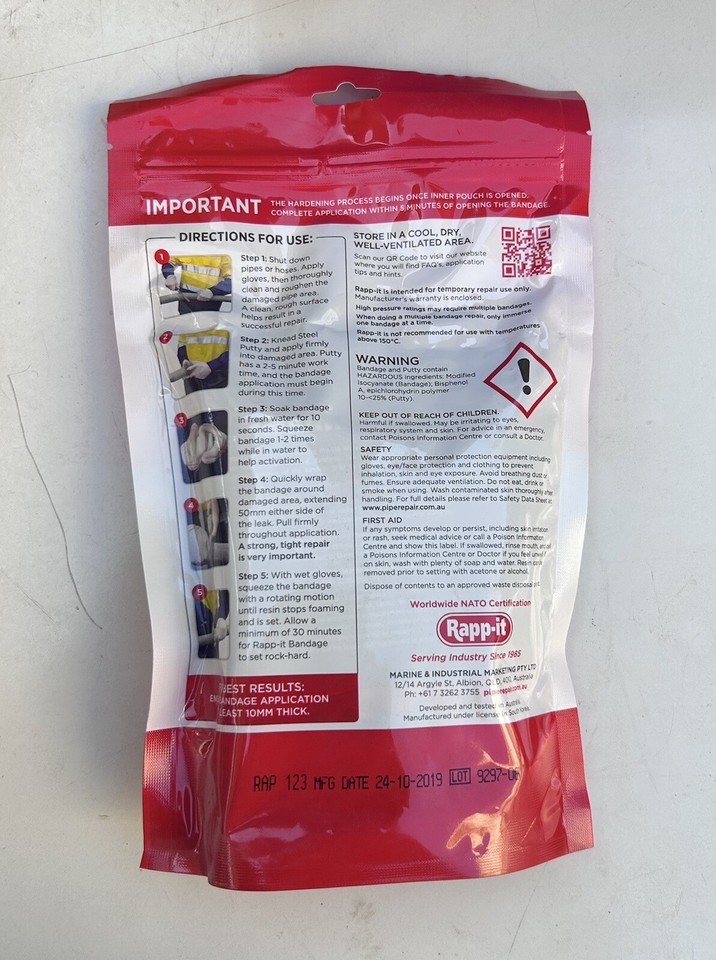 Rappit Pipe Repair Kit 12’ X 3” 3.6m X 75mm Bandage Steel Putty Kit eBay