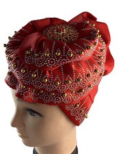 African Women Spandex Ornate Stretch Turban Hat Ladies Head Piece  Red