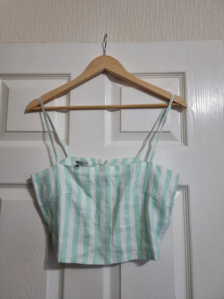 Lanhtropy Linen Striped Crop Top Strappy Blouse Mint Green White Size XS $225 - Image 4 of 4