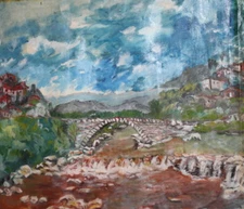 Vintage river landscape oil painting bridge