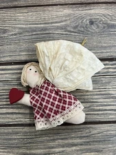 Vintage Christmas Ornament Primitive Country Angel Red Plaid Heart Wings 4”