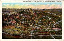 VINTAGE PANDORAMA OF PIKES PEAK & THE PIKES PEAK REGION, COLORADO POSTCARD JY