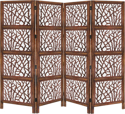 Room Divider Wood Screen - 4 Panel Folding Partition - Brown Solid Wood Frame wi