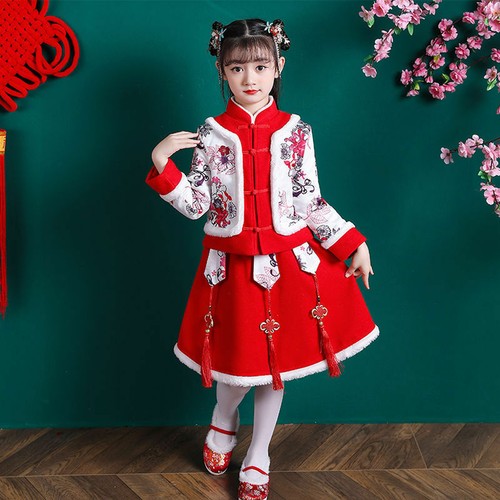 Hooyi Girls' Qipao Tang Dress - Traditional Chinese Winter Jacket, Blue, Size 6, New Year Costume