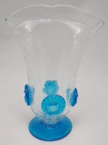 Blenko Clear Blue Crackle Glass Vase Applied Blue Medallion 9.5 in Height