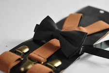 Black Cotton Bow tie bowtie + Tan Brown Elasitc Suspenders Braces 