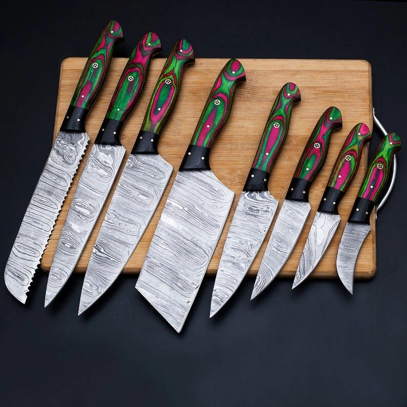 custom handmade damascus steel kitchen knife set with leather sheath hand forged