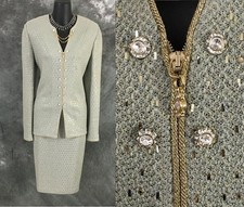 BEAUTIFUL st john evening knit green rhinestones embellished skirt suit 8 10