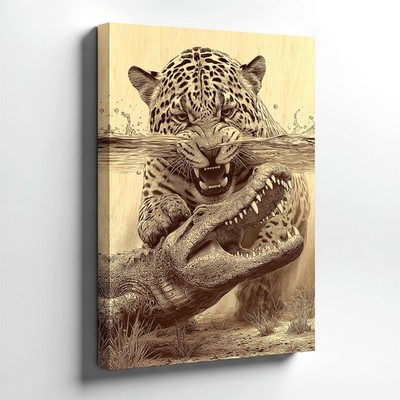 Canvas Leopard Fighting 16x24 Crocodile Wildlife Predator Animal Gallery Print
