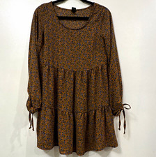 Wild Fable Brown Floral Babydoll Short Dress M Balloon Long Sleeve Ruffle Tie