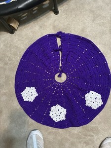 PURPLE MINI TREE CROCHETED TREE SKIRT WITH THREE WHITE SPARKLED SNOWFLAKES 10”