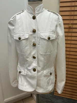 Ralph Lauren White Military Officer Denim Jacket Gold Crest Button Epaulets Sz L - Image 1 of 4