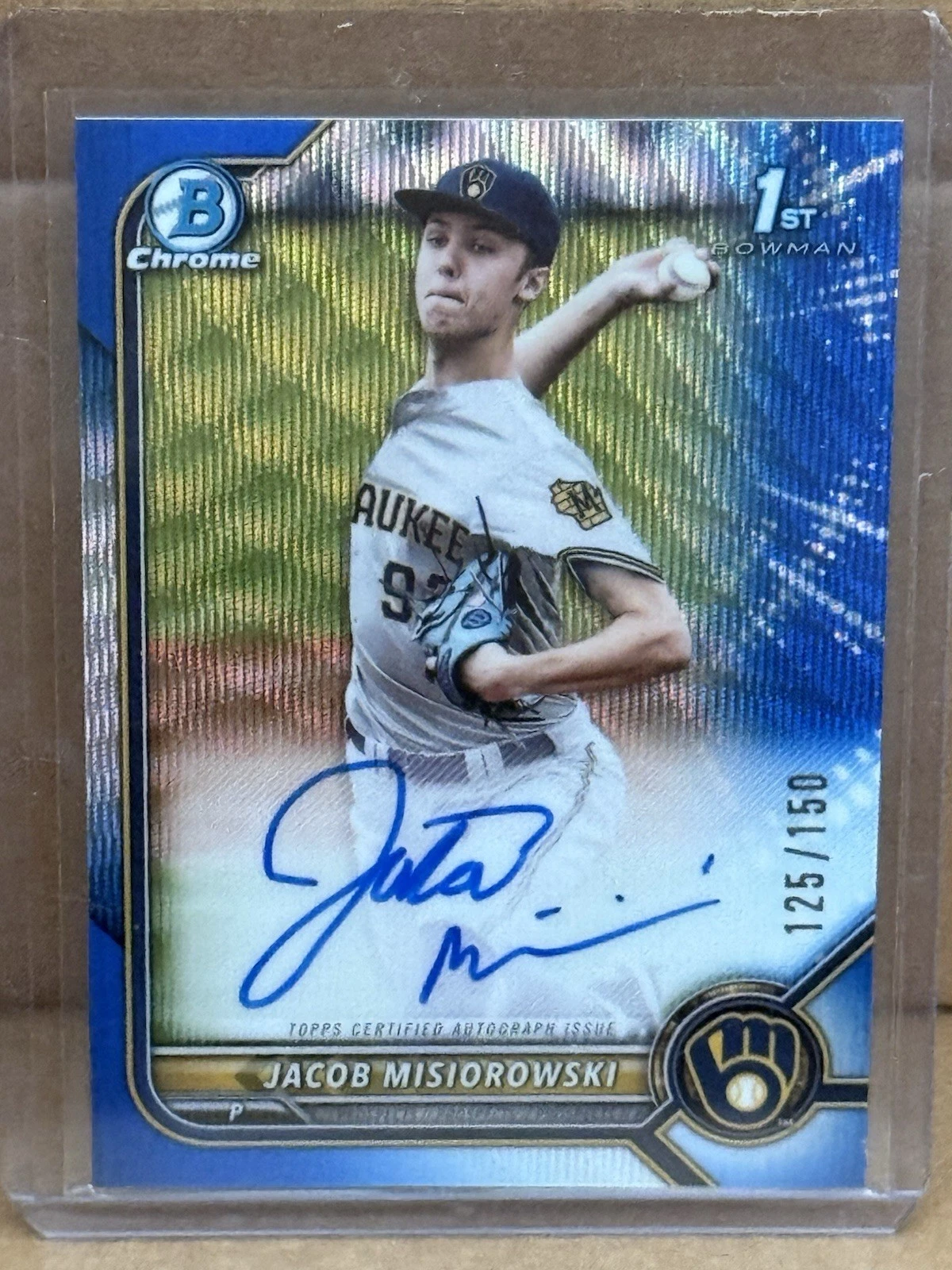 2022 Bowman Draft - Jacob Misiorowski - Chrome 1st Auto Blue Wave /150 #CDA-JMI - Picture 1 of 3