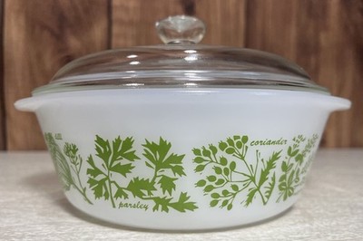 Glasbake Herb Garden Milk Glass Covered Casserole J510 Made in USA 1 quart