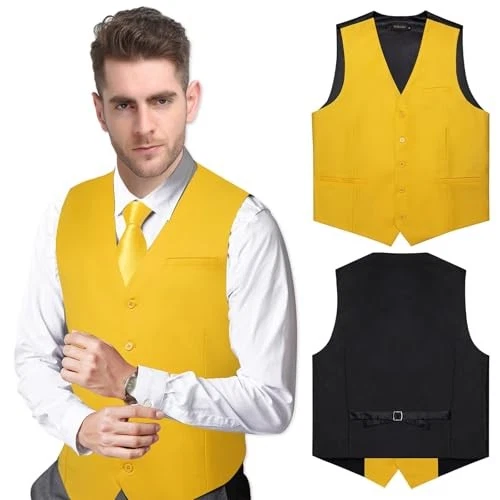  Men's Formal Suit Vest Solid Business Vest Slim Fit V-Neck 3X-Large Yellow - Image 4 of 4