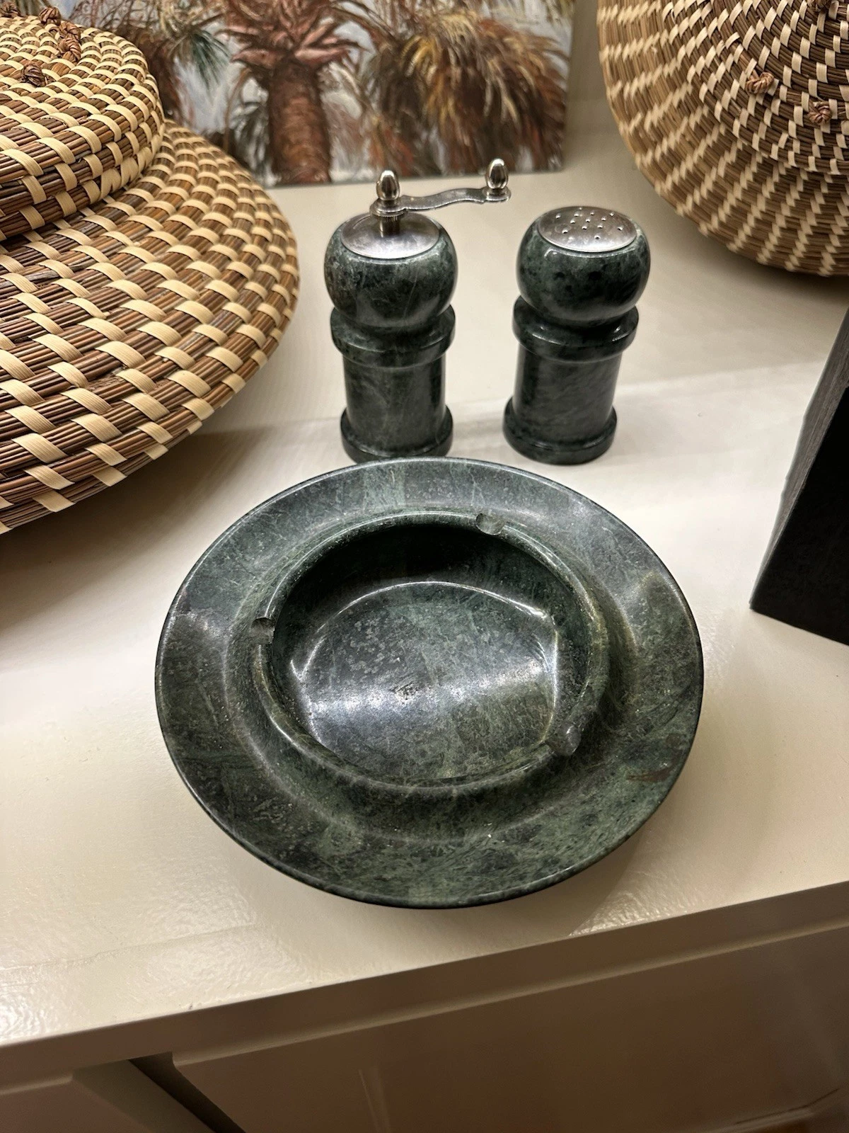 Vintage Green Marble Ashtray, Salt And Pepper Grinder