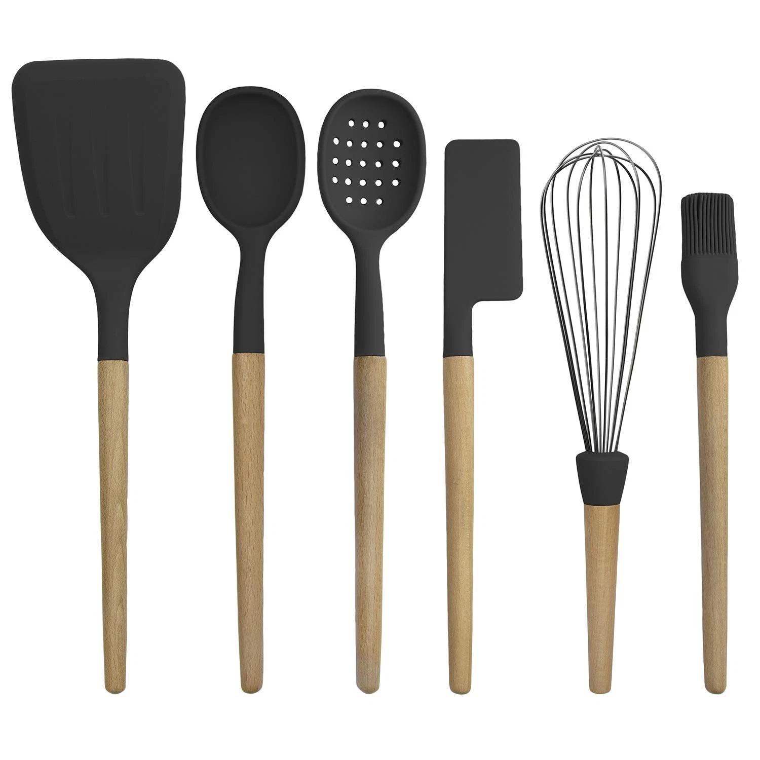 Non Stick Silicone Utensil Set with Rounded Wood Handles for Cooking and Baki...