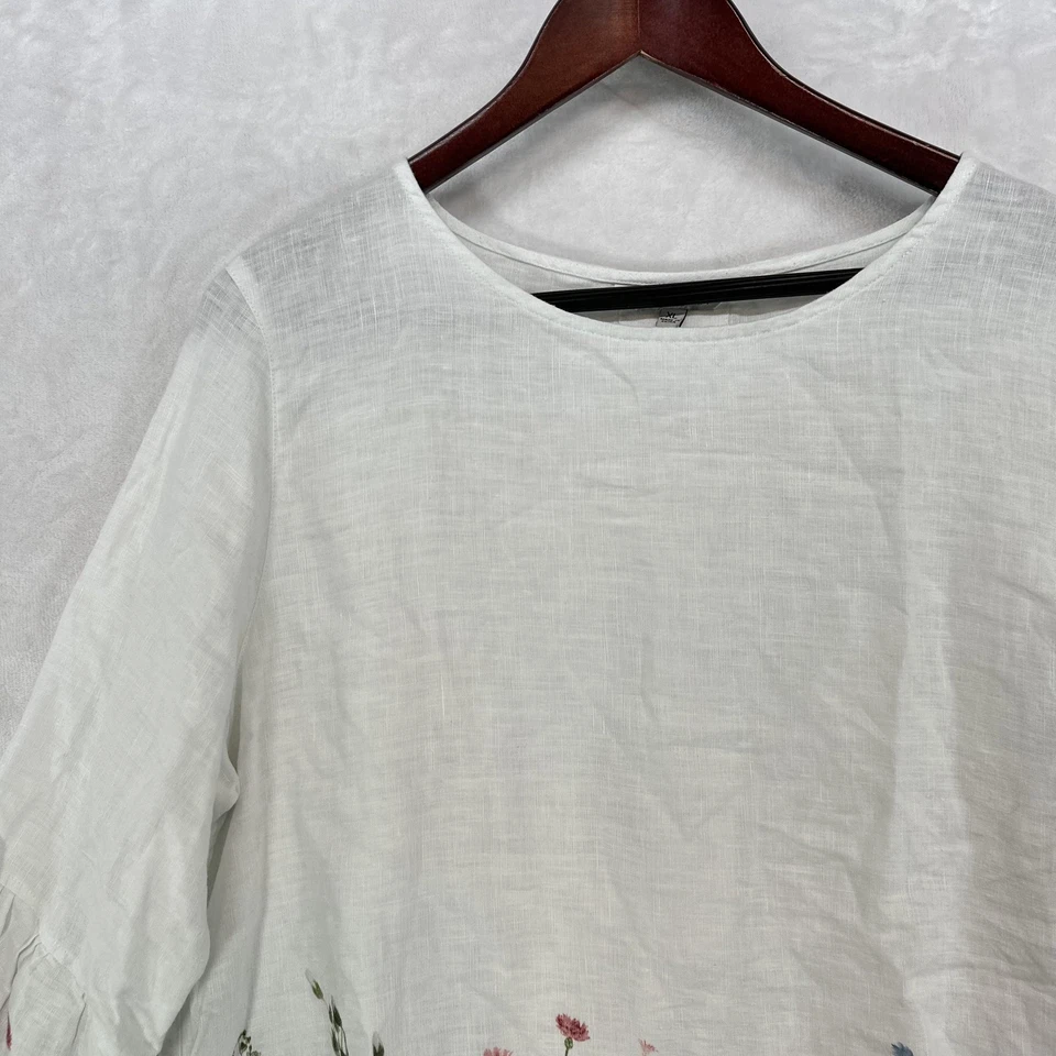 John Mark Shirt Womens XL White Linen Floral Border Print Tunic 3/4 Sleeve Boho - Image 2 of 4
