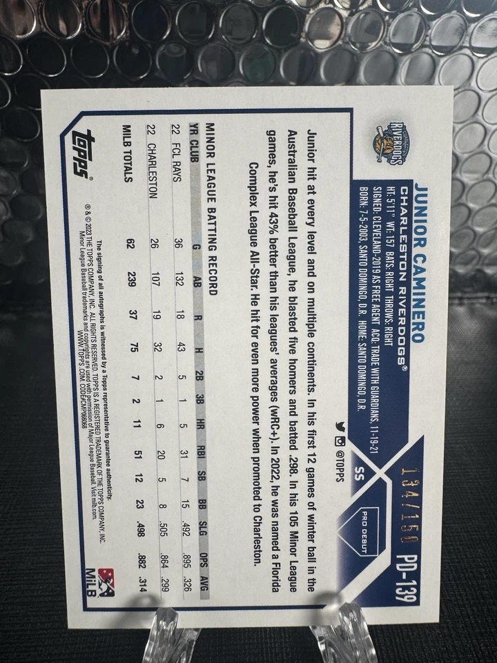 2023 TOPPS PRO DEBUT JUNIOR CAMINERO BLUE AUTO /150 TAMPA BAY RAYS PD-139 - Image 2 of 2