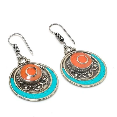 Boucles d'oreilles pierres précieuses turquoise corail rouge tibétain... - Photo 1/4