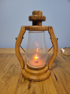 Rustic Wooden Electric Lantern With Glass Chimney And Flickering Light