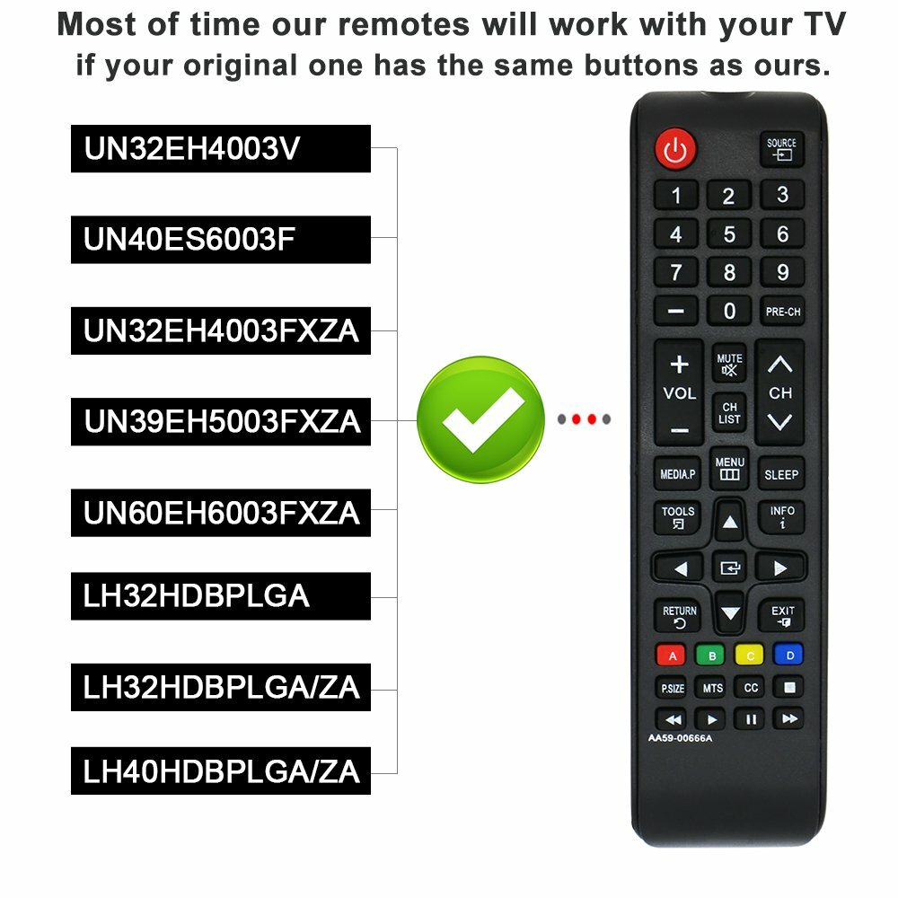 Samsung Remote AA59-00666A  Replacement for UN32EH4003V UN40ES6003F LH32HDBPLGA