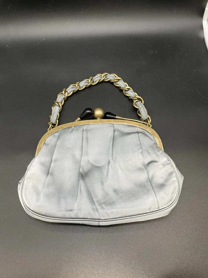 J Crew Blue Silk Evening Purse Clutch Chain Handle Kiss Lock 3 Section Flapper - Image 2 of 4