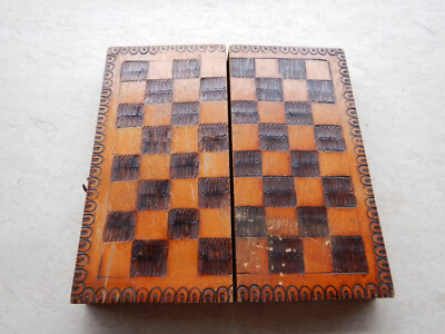 Vintage Chess Game Box ONLY Wooden Portable Folding Handmade Bulgarian Pyrograph