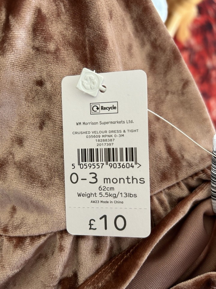 Nutmeg Baby Girl Mink Colour Crushed Velour Dress & Tights Girls Size 0