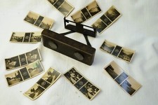 Early foldable metal stereo viewer w/ twelve stereo images "RPH". early 1900'