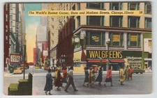 Postcard Linen State and Madison Sts. with Walgreens Drug Store in Chicago, IL.