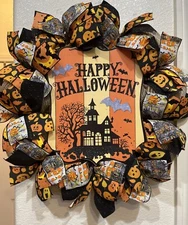 FARMHOUSE HAPPY HALLOWEEN Haunted House 🎃🦇 BURLAP Deco Mesh WREATH 24 X 24