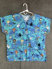 Halloween Scrub Top Shirt Adult Large Blue Fashion Scrub Trick-Or-Treat Short