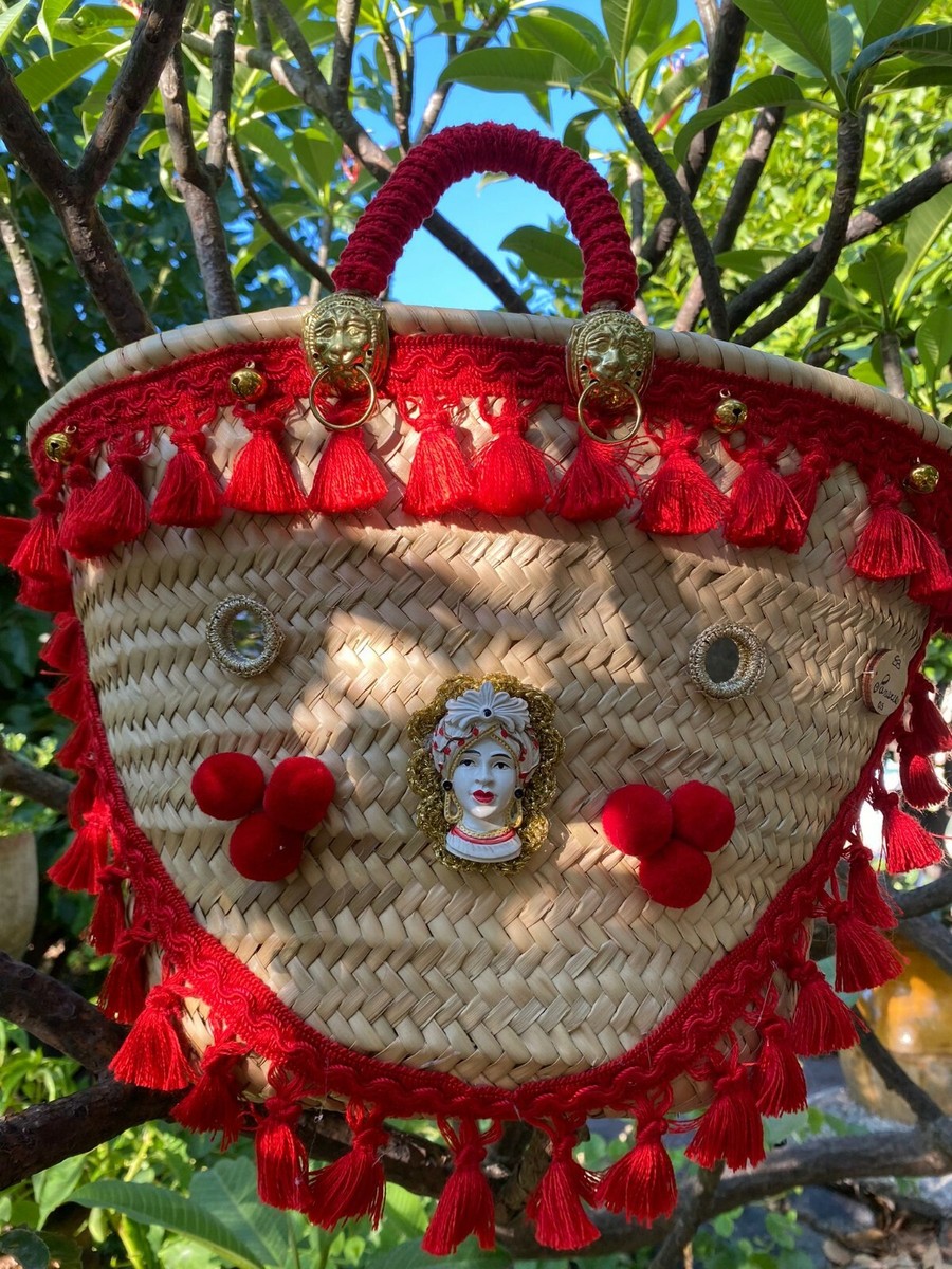 Borsa Coffa Siciliana Bianca Coffa Con Dipinto Pupo Siciliano In