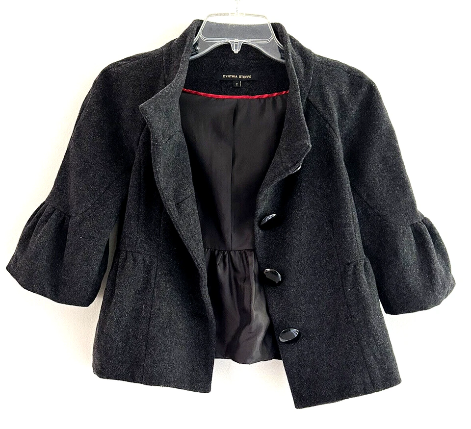 Chaqueta de lana Cynthia Steffe negra manga campana 3/4 cuello alto para mujer talla 2 Foto 3 de 4