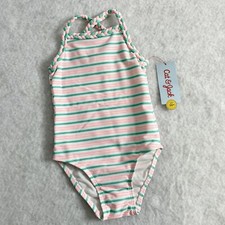 Cat Jack Girl s White Pink Teal Stripe Braided Strap 1pc Swimsuit Size 2T NWT