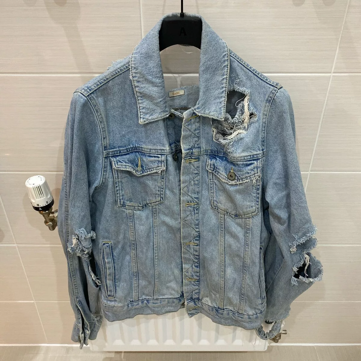 Custom Topman Distressed Denim Jean Jacket Light Blue Wash