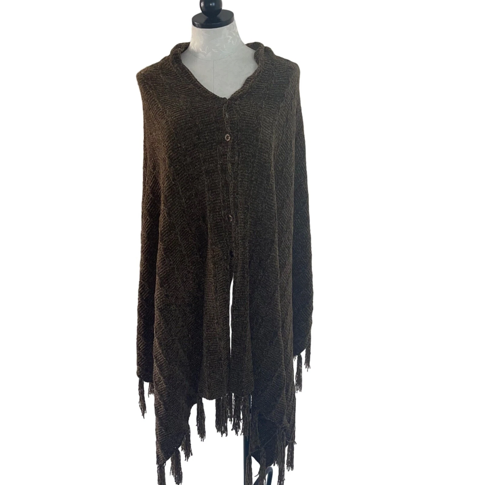 Fringe Poncho Womens One Size Brown Chenille Knit Soft Button Front Casual