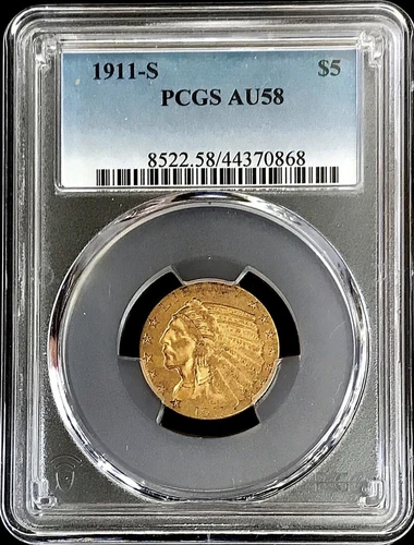 1911 S GOLD USA $5 INDIAN HEAD HALF EAGLE COIN PCGS ABOUT UNC 58
