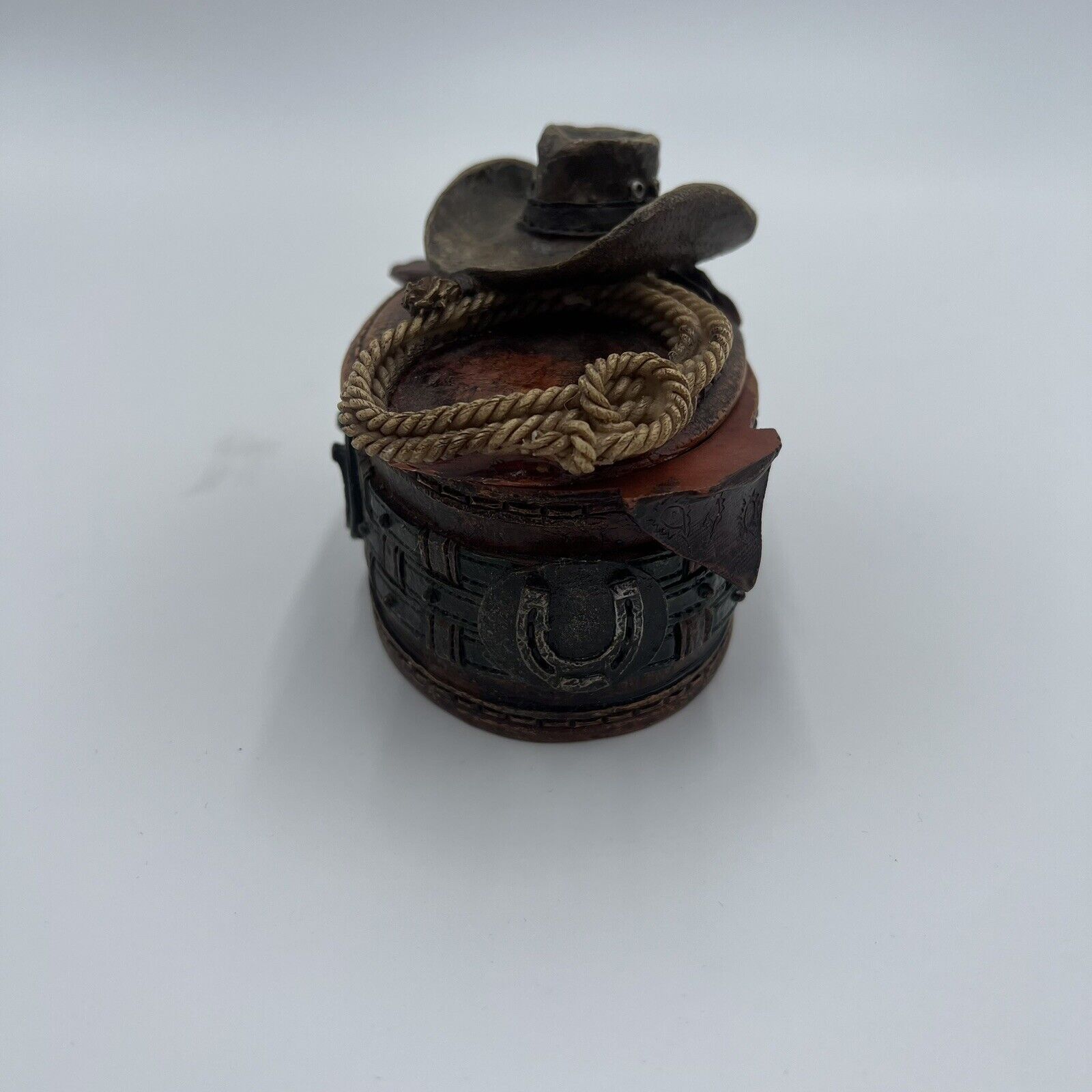 Western Cowboy Hat Snaffle Bit Bronze Colored Trinket Jewelry Pill Box Decor