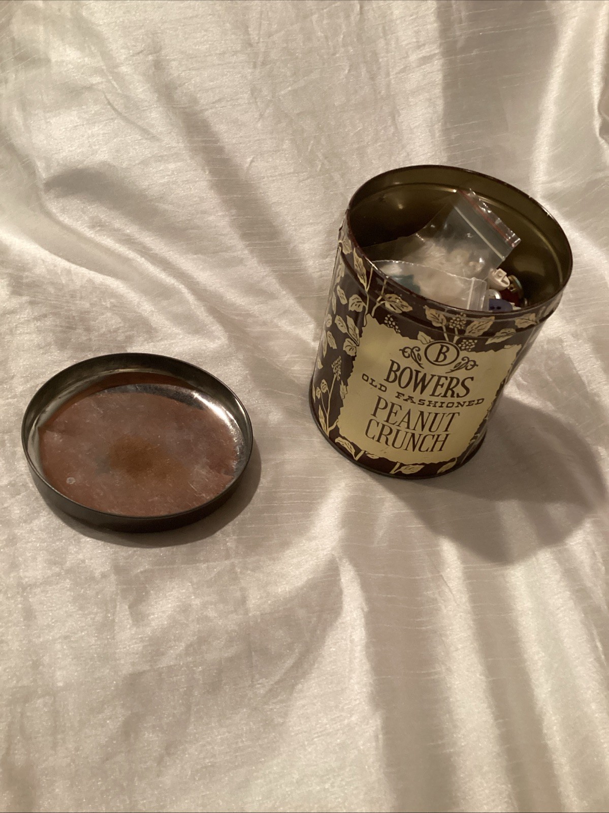 Vintage Metal Tin Can Full Of Buttons Bowers Peanut Crunch Can 1 Pound ...