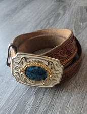 Brass /White Enamel / Blue Stone / Western USA Buckle Leather Tooled Belt 46
