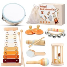 Toddler Musical Instruments Set, Montessori Wooden Toys, Xylophone, Maracas,