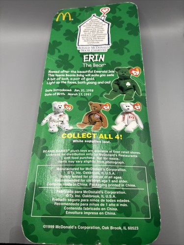 Erin The Bear - 1997 McDonalds Ty Beanie Baby w/ Rare Errors 1993 OakBrook - Picture 2 of 3