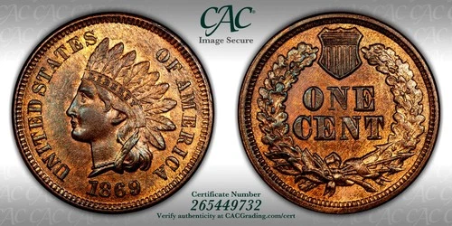 CACG MS-64 RB 1869/69 Snow-3/FS-301 Indian Head Cent, Blazing, Red-Brown RPD!