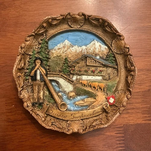 Vintage 3D Alps Carved Plate Wall Hanging Holiday Souvenir Switzerland 6”
