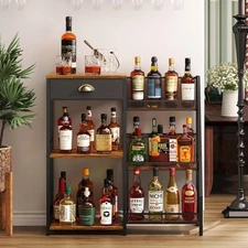 Liquor Cabinet Bar for Home with Drawer, 3-Tier Wine Rack Rustic Brown 